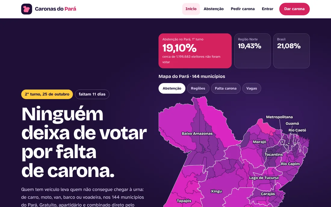 Site Caronas do Pará: "Ninguém deixa de votar por falta de carona" e mapa dos municípios